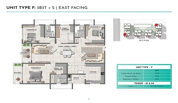 Pricing Details For Prestige Clairemont 3 BHK Floor Plan